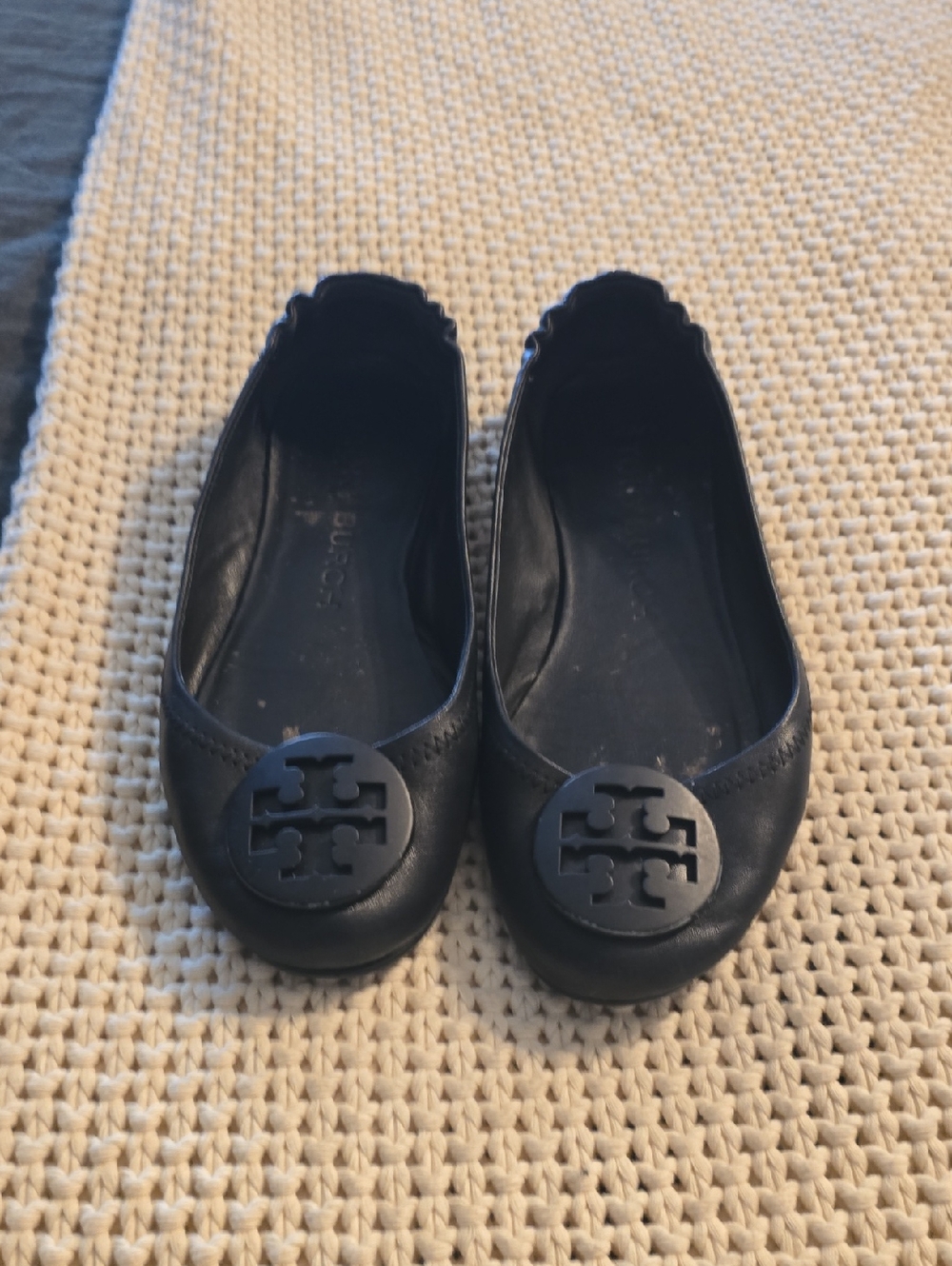 Tory Burch Black Leather Logo Round-Toe Ballet Flats
